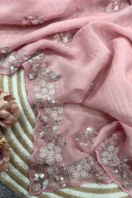 Women's Soft Pink Organza Saree with Delicate Pearl & Sequin Floral Embroidery – Lightweight Sheer Drape for Festive, Wedding & Party Wear