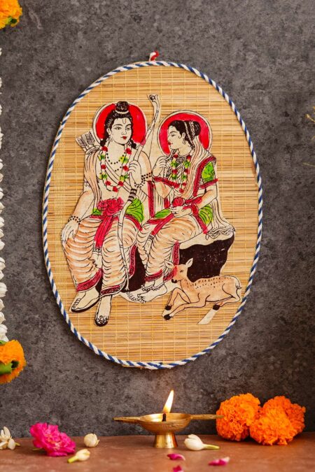 Oval Shaped Design Bamboo Hand Crafted Wall Hangings Of Shri Ram Ji With Janaki Ji For Home Decor | Bamboo Art For Wall Decor