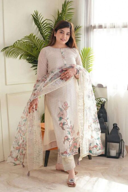 Women's Lilan Cotton Floral Printed Straight Pakistani Kurti with Pant and Dupattta